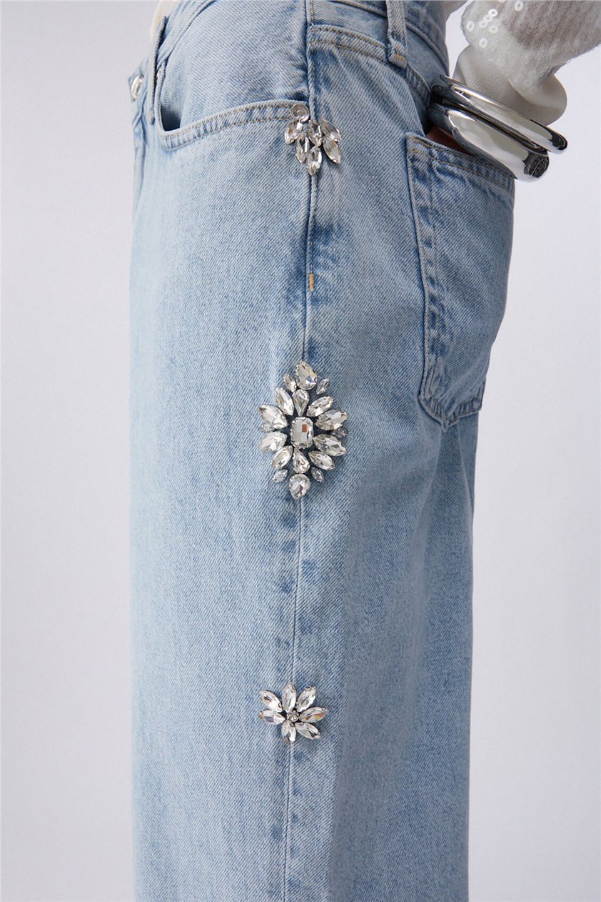 Liu Jo Pant.Straight Studs H.W. Kadın Jean Pantolon Mavi