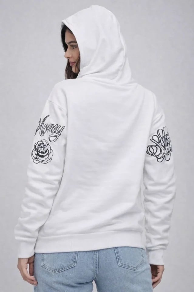 3 İplik Pamuklu Kapüşonlu Baskılı SweatShirt Hoodie - Beyaz