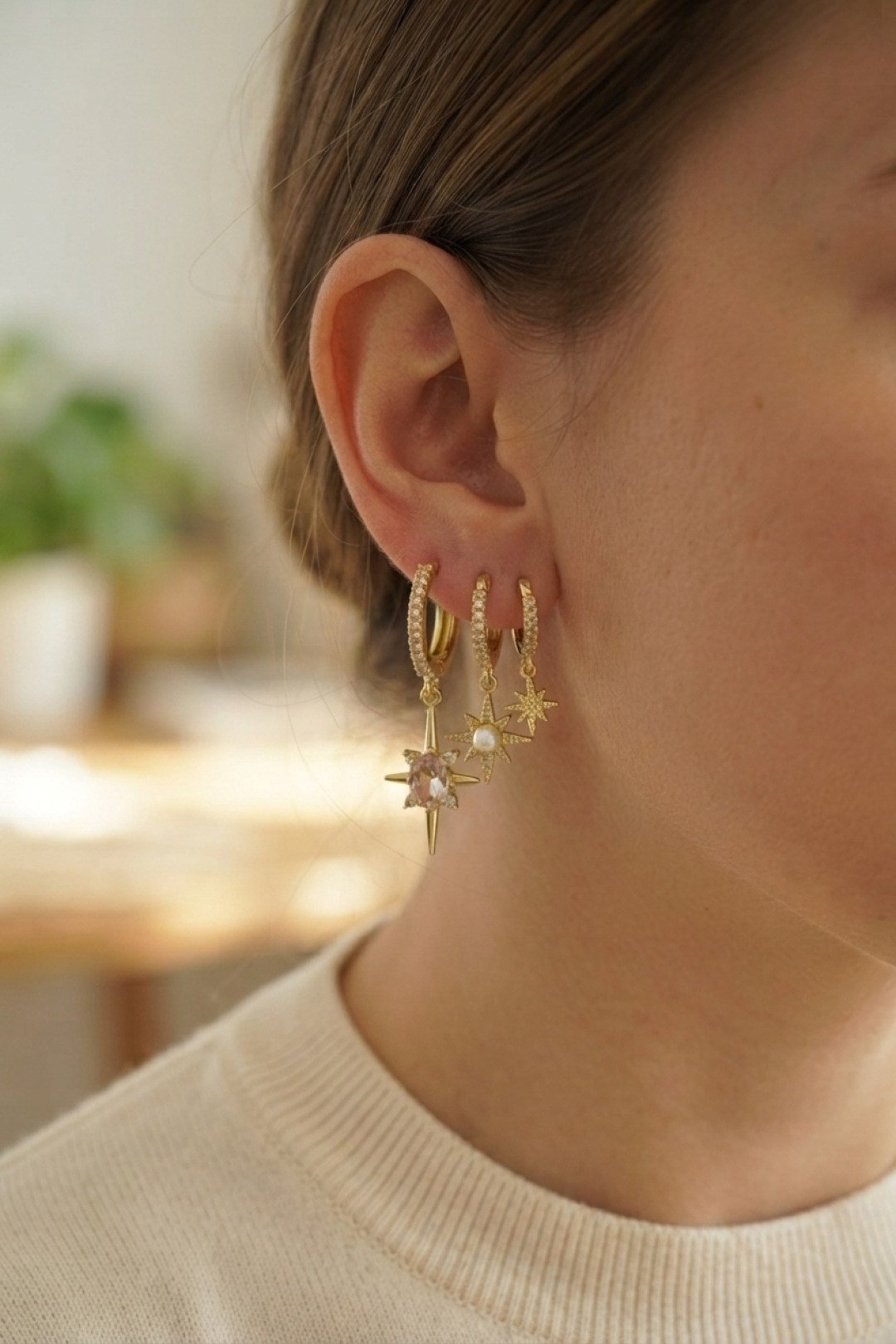 3 lü Set Küpe Gold Renk Kutup Yıldızı Model