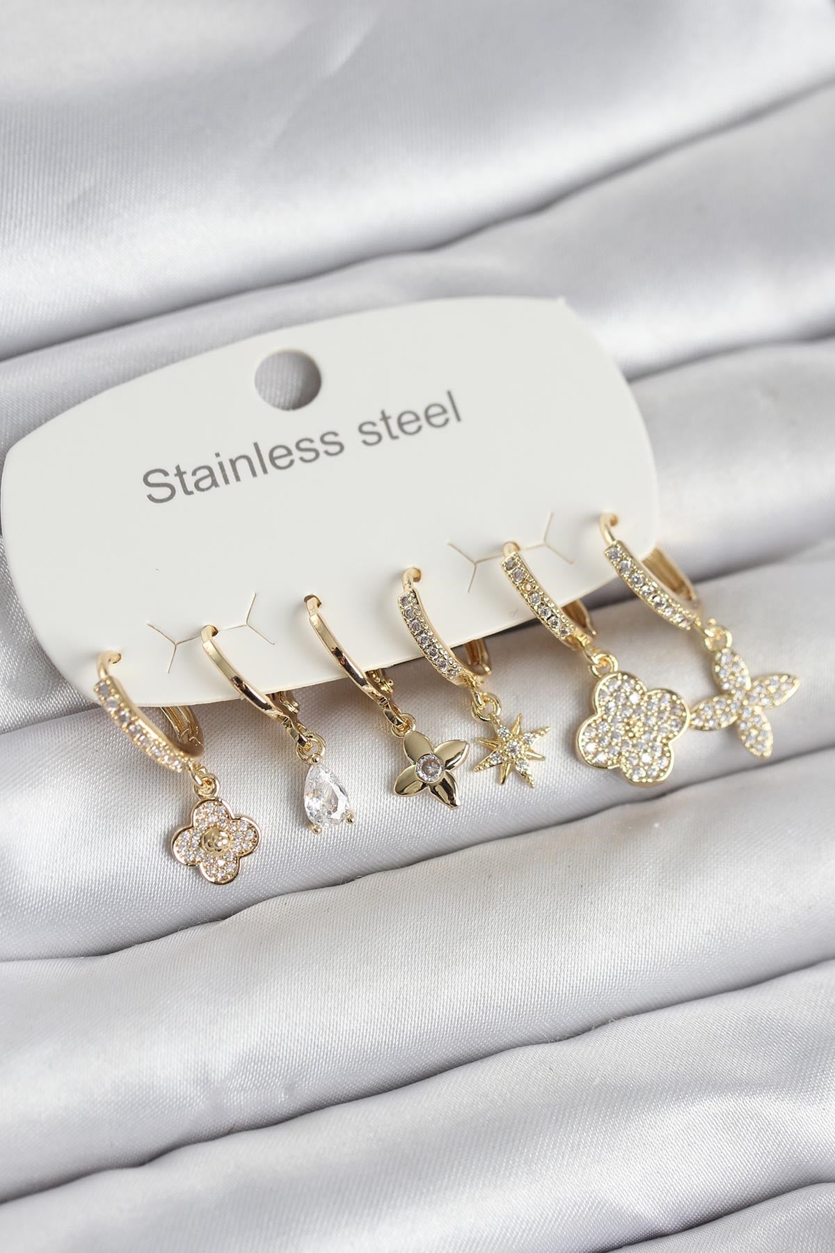 316L Çelik Gold Renk 6lı Set Yonca Model Kadın Küpe