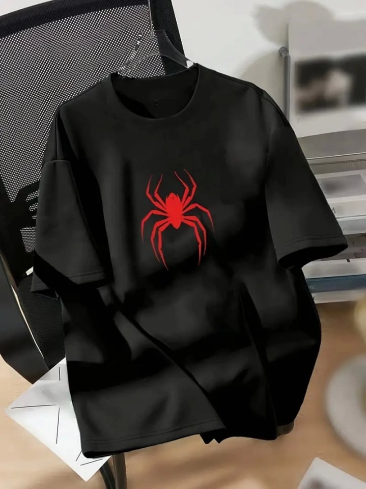 Baskılı Oversize Bisiklet Yaka T-shirt - Siyah