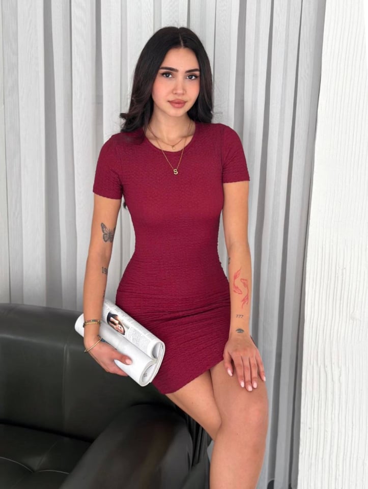 Bisiklet Yaka Kısa Kol Likralı Elbise - Bordo