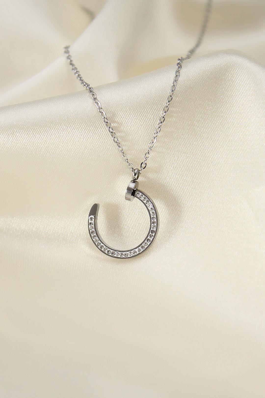 Çelik Silver Renk Zirkon Taşlı Çivi Model Kadın Kolye