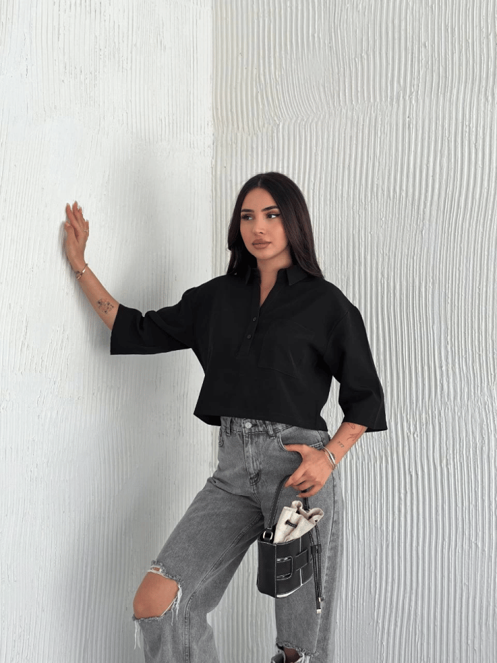 Crop Yakalı Gömlek Üç Çeyrek Sleeve Kol - Siyah