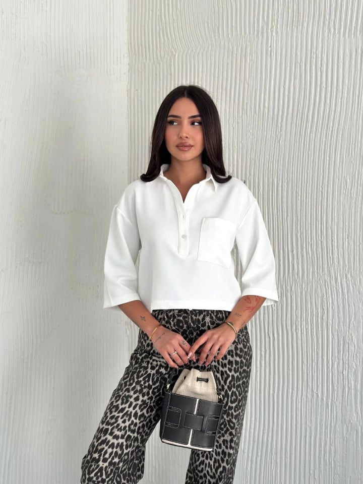 Crop Yakalı Gömlek Üç Çeyrek Sleeve Kol - Beyaz