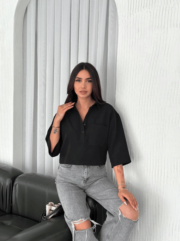 Crop Yakalı Gömlek Üç Çeyrek Sleeve Kol - Siyah