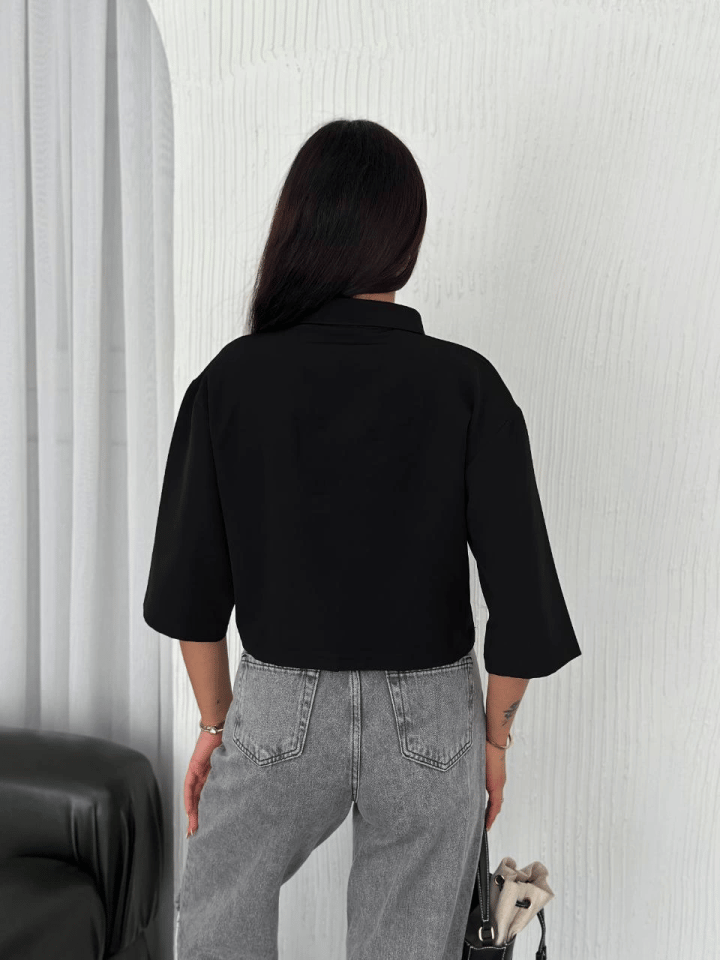 Crop Yakalı Gömlek Üç Çeyrek Sleeve Kol - Siyah