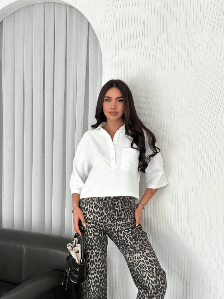 Crop Yakalı Gömlek Üç Çeyrek Sleeve Kol - Beyaz