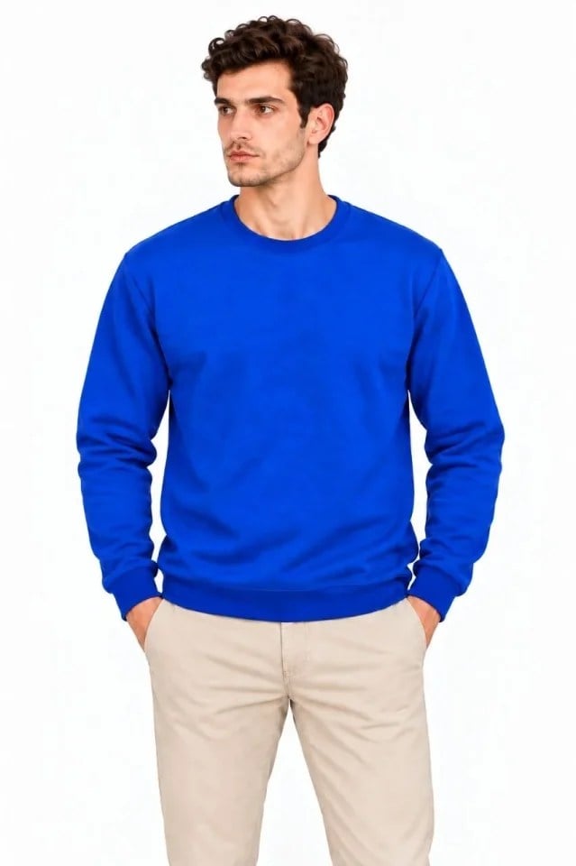 Erkek 2Li Bisiklet Yaka İçi Şardonlu 2 İplik Düz Uzun Kollu Regular Fit Sweatshirt - Mavi - Kırmızı