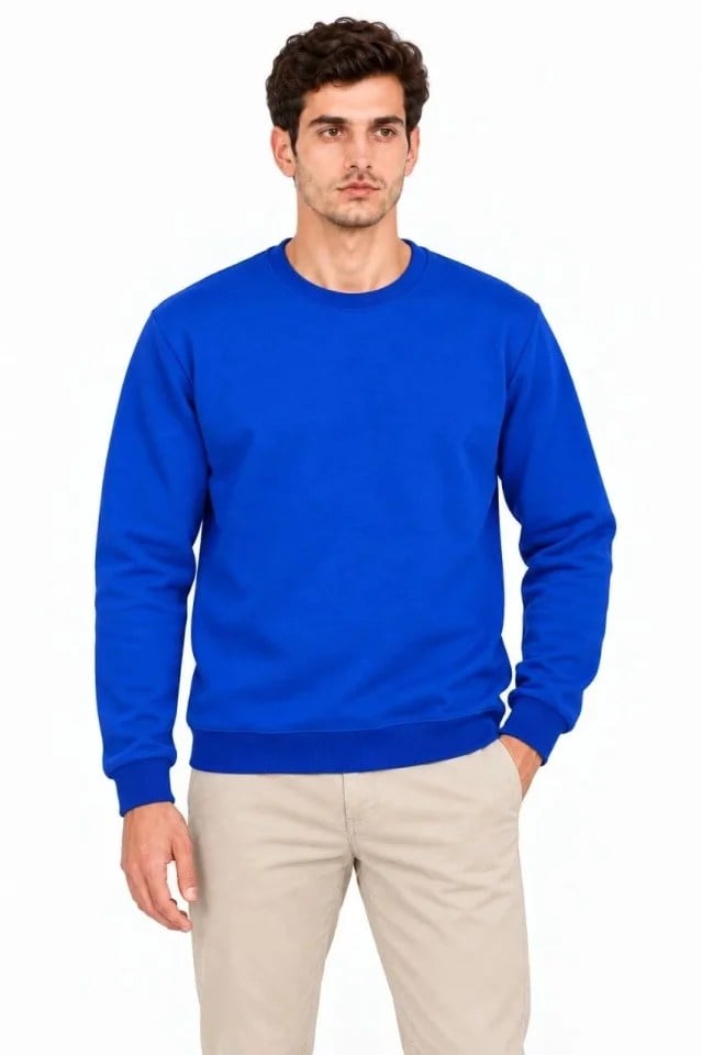 Erkek 2Li Bisiklet Yaka İçi Şardonlu 2 İplik Düz Uzun Kollu Regular Fit Sweatshirt - Mavi - Kırmızı