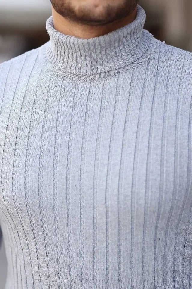 Erkek Balıkçı Yaka Tam Boğazlı Kalın Fitilli Regular Fit Triko Kazak - Gri
