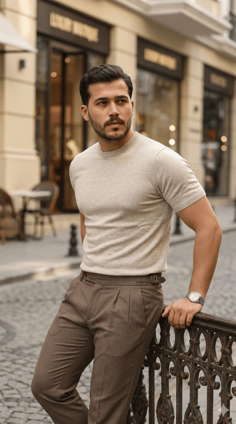 Erkek Basic Bisiklet Yaka Kısa Kollu Triko Tişört - %100 Pamuk Akrilik