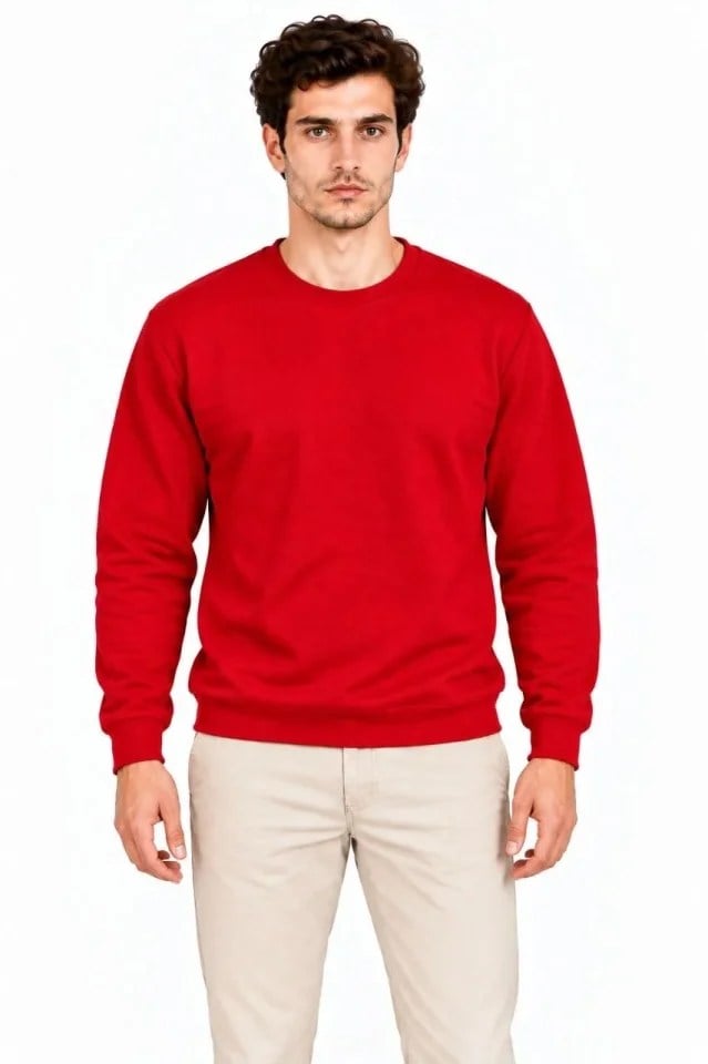 Erkek Bisiklet Yaka İçi Şardonlu 2 İplik Düz Uzun Kollu Regular Fit Sweatshirt - Kırmızı