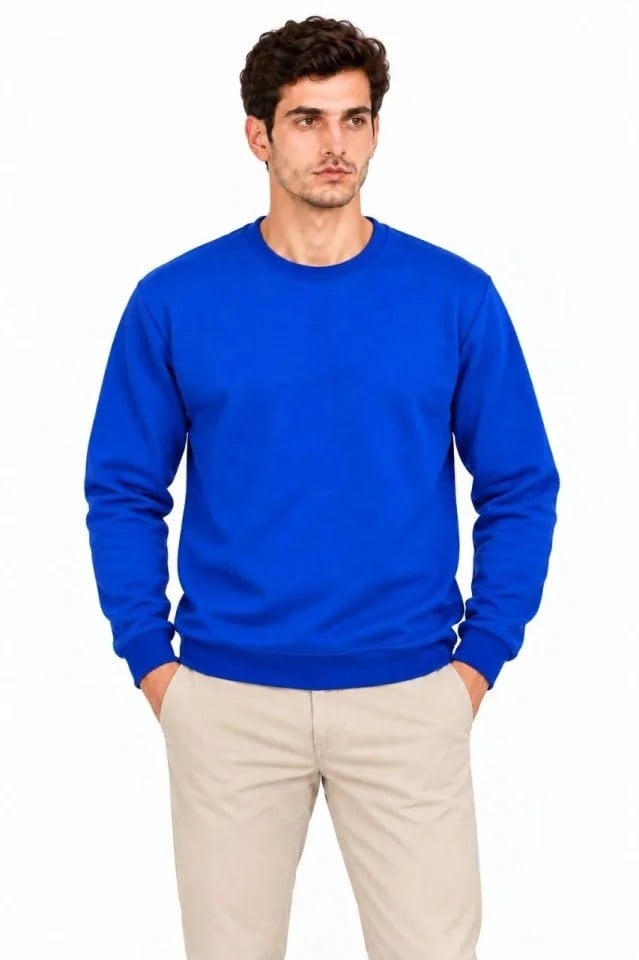 Erkek Bisiklet Yaka İçi Şardonlu 2 İplik Düz Uzun Kollu Regular Fit Sweatshirt - Mavi