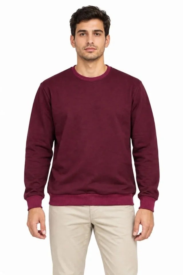 Erkek Bisiklet Yaka İçi Şardonlu 2 İplik Düz Uzun Kollu Regular Fit Sweatshirt -Bordo