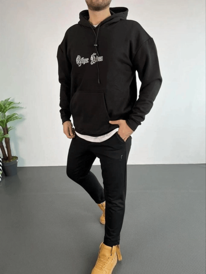 Erkek Kapşonlu Sweatshirt – Oversize Üç İplik Şardonlu Hoodie, “Other Lives” Ön - Arka Baskılı, Kanguru Cepli, Kışlık Rahat Günlük Stil - Siyah