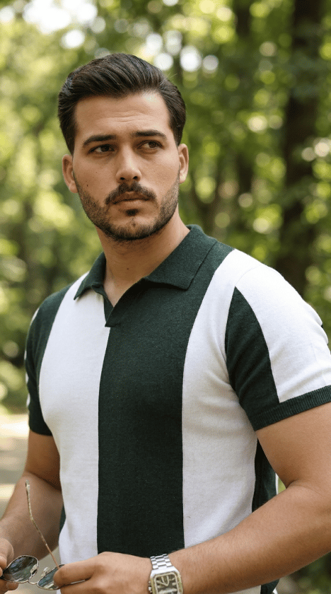 Erkek Kısa Kollu Polo Yakalı Blok Desenli Triko Bluz