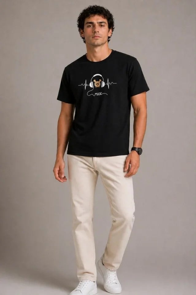 Erkek Müzik Temalı Baskılı Tişört Bisiklet Yaka Kısa Kol T-Shirt - Siyah
