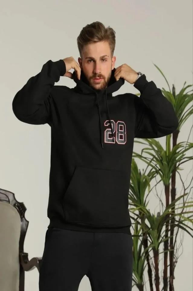 Erkek Oversize Üç İplik Kapüşonlu Sweatshirt –Sırt Ve Ön Baskılı, Kanguru Cepli, Rahat Kalıp Maskot Desenli Model - Siyah