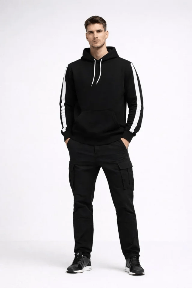 Erkek Şeritli Kapüşonlu Sweatshirt Oversize 3 Iplik Pamuklu - Siyah