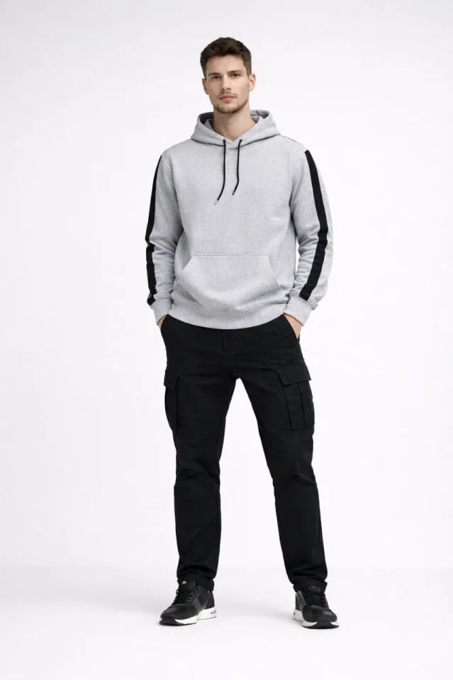 Erkek Şeritli Kapüşonlu Sweatshirt Oversize 3 Iplik Pamuklu - Beyaz