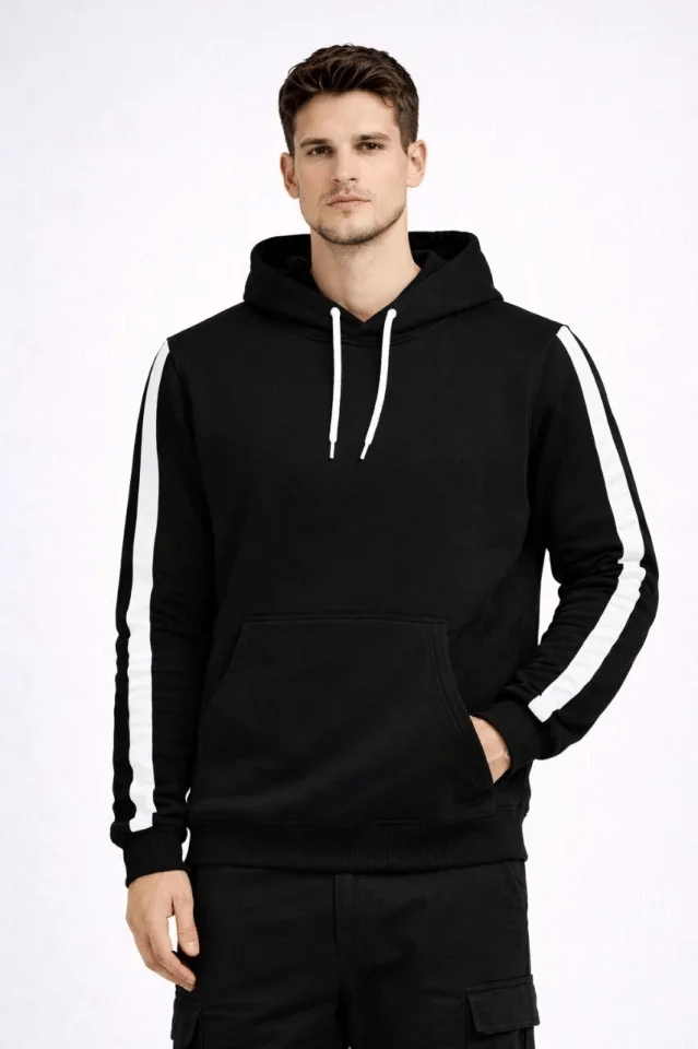 Erkek Şeritli Kapüşonlu Sweatshirt Oversize 3 Iplik Pamuklu - Siyah