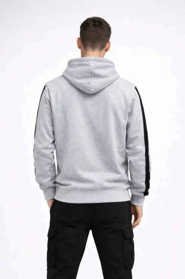 Erkek Şeritli Kapüşonlu Sweatshirt Oversize 3 Iplik Pamuklu - Beyaz