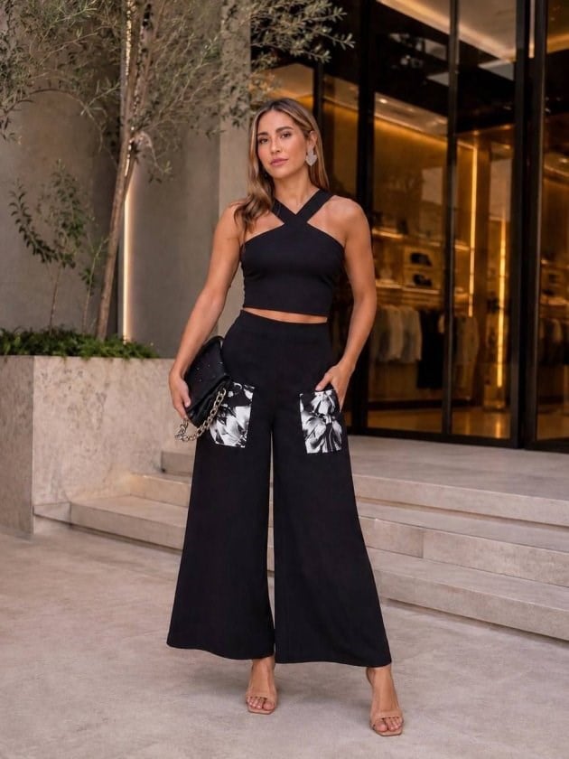 Kadın Full Likralı Scuba Crep Kumaş Cep Dijital Baskı Detaylı Crop Pantolon Ikili Takım