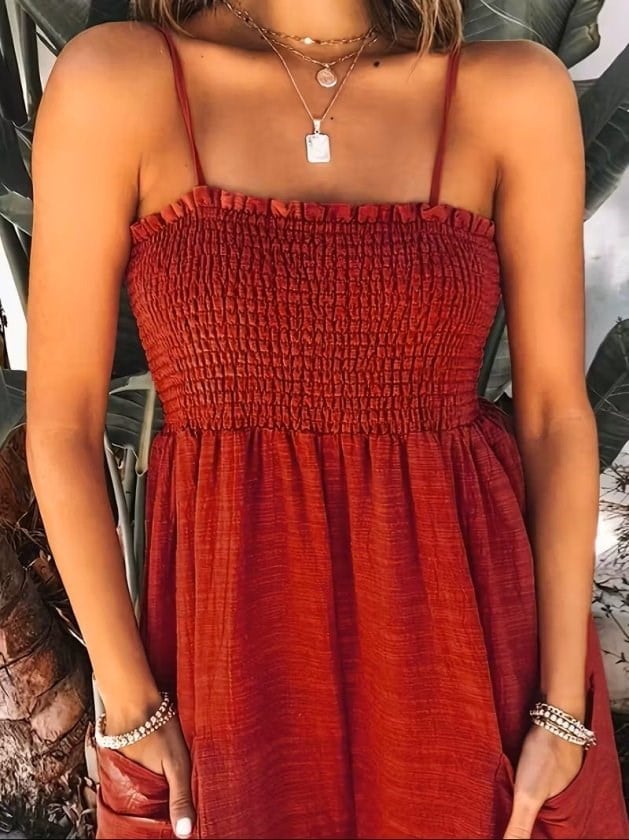 Kadın Ip Askılı Göğsü Lastik Detaylı Cepli Uzun Sofya Tulum