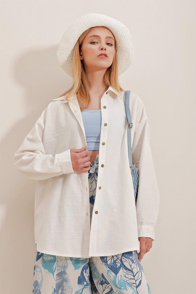 Kadın Keten Kumaş Oversize Gömlek