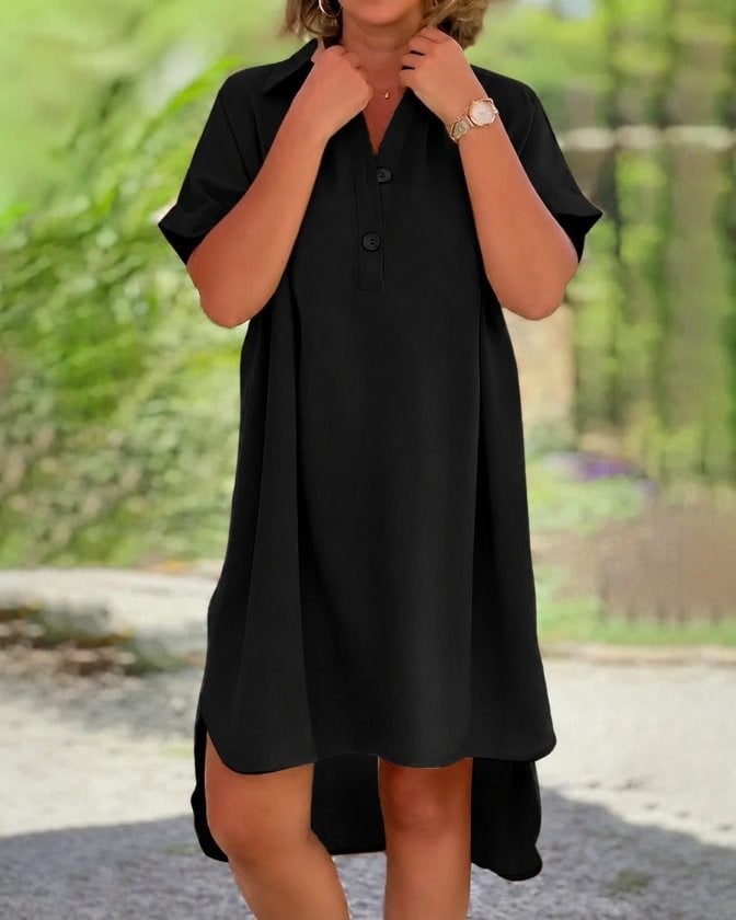Kadın Kısa Kollu Yakalı Yandan Düğmeli ön Kısa Arkası Uzun Midi Dokuma Viskon Elbise