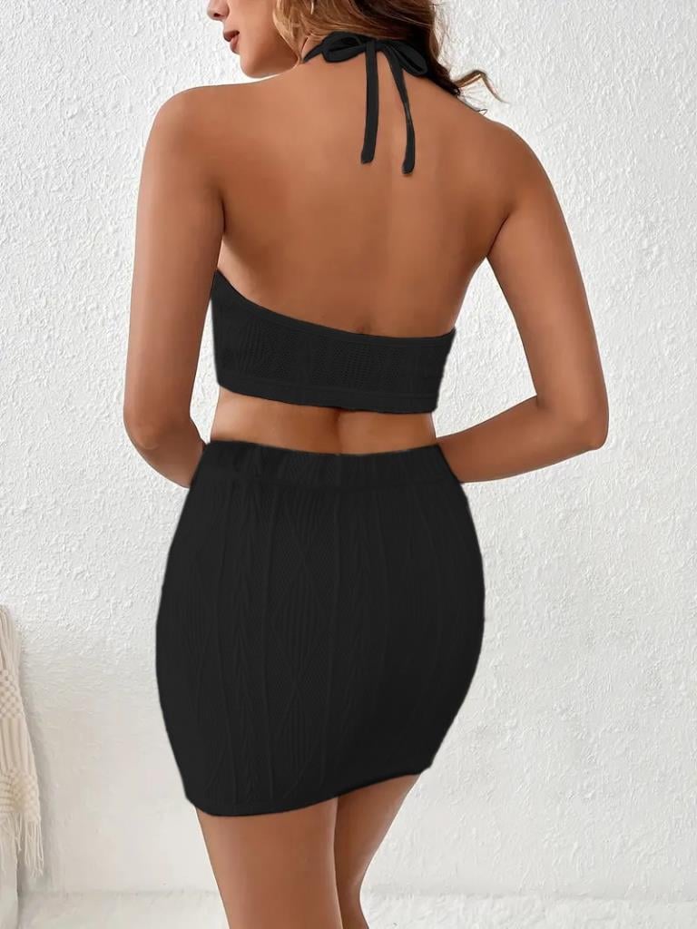 Kadın Kolsuz Mini Erer Crop Ikili Triko Takım