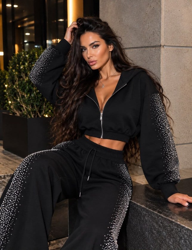 Kadın Taş Baskı Detaylı Fermuarlı Crop Sweatshirt Ve Geniş Paça Eşofman Takımı