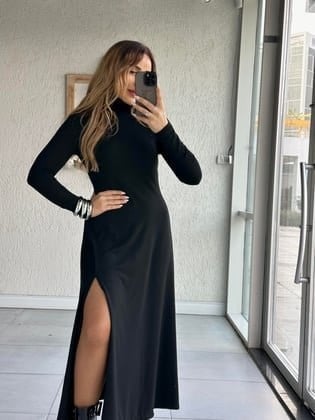 Kadın Uzun Kollu Balıkçı Yaka Derin Yırtmaç Detay Krep Elbise 120 Cm