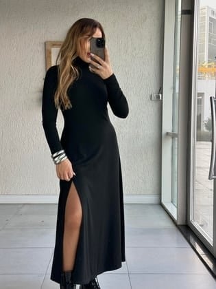 Kadın Uzun Kollu Balıkçı Yaka Derin Yırtmaç Detay Krep Elbise 120 Cm
