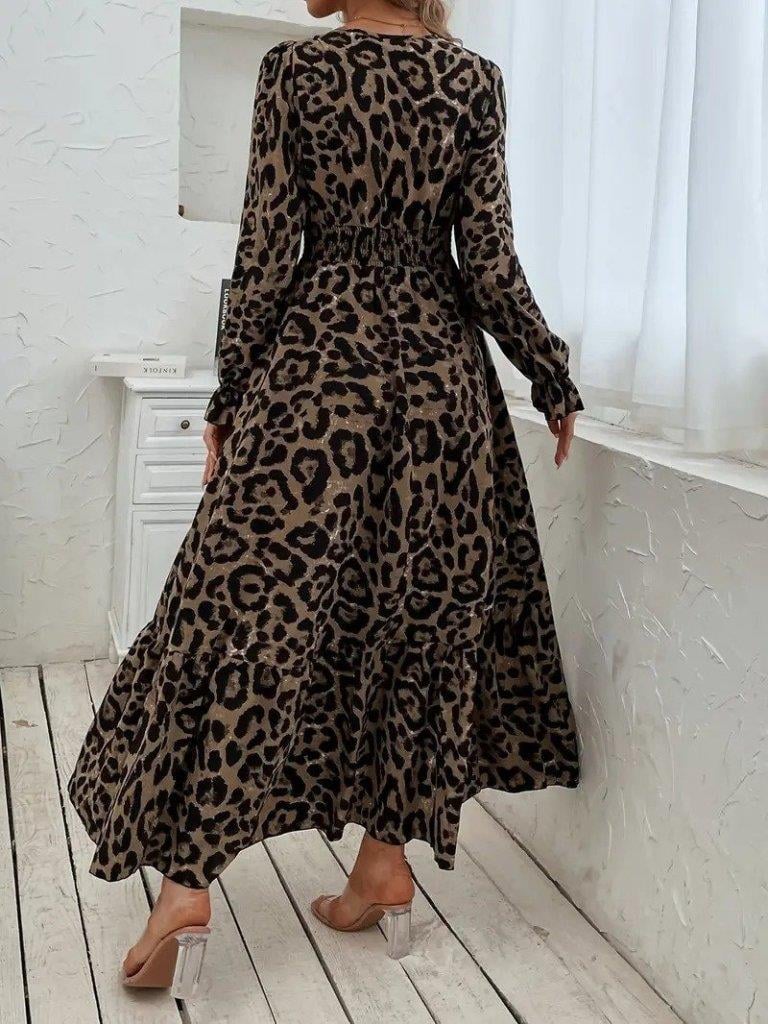 Kadın Uzun Kollu Kruvaze Yaka Leopar Desenli Uzun Süprem Elbise
