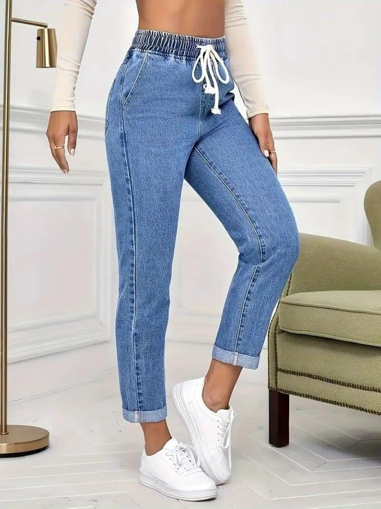 Kadın Yüksek Bel Bağcıklı Kot Pantolon