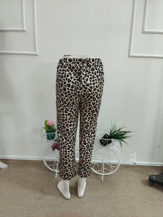 Kadın Yüksek Bel Bağcıklı Leopar Desenli Modal Pantolon