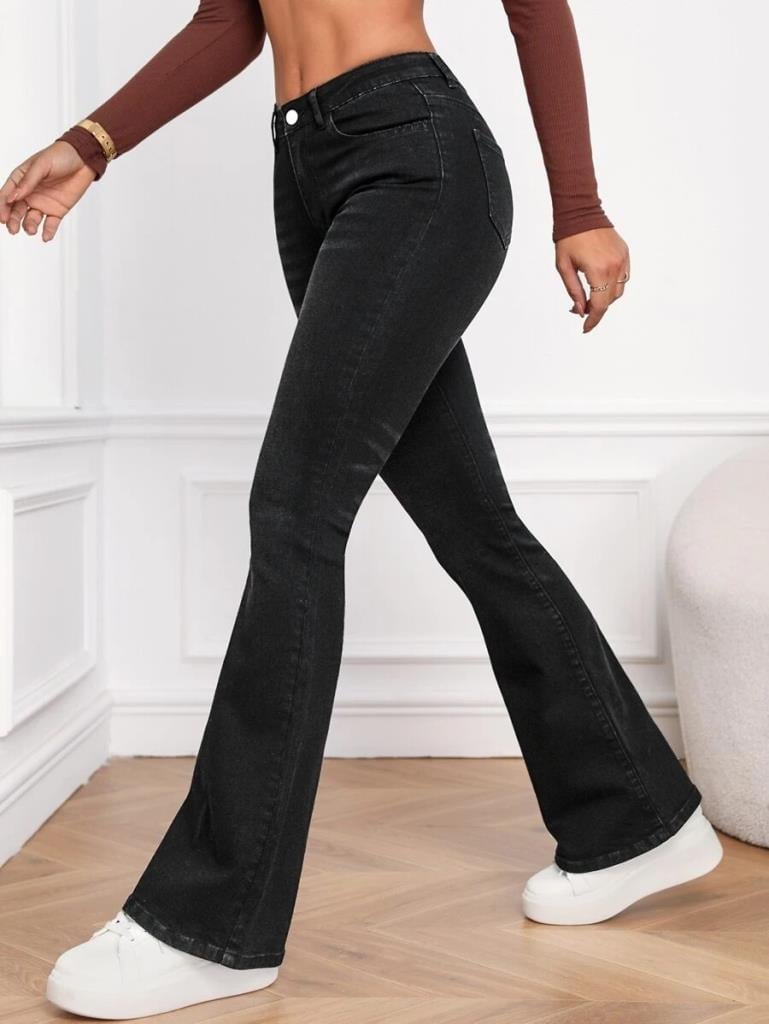 Kadın Yüksek Bel Cepli İspanyol Paçalı Kot Jeans Pantolon