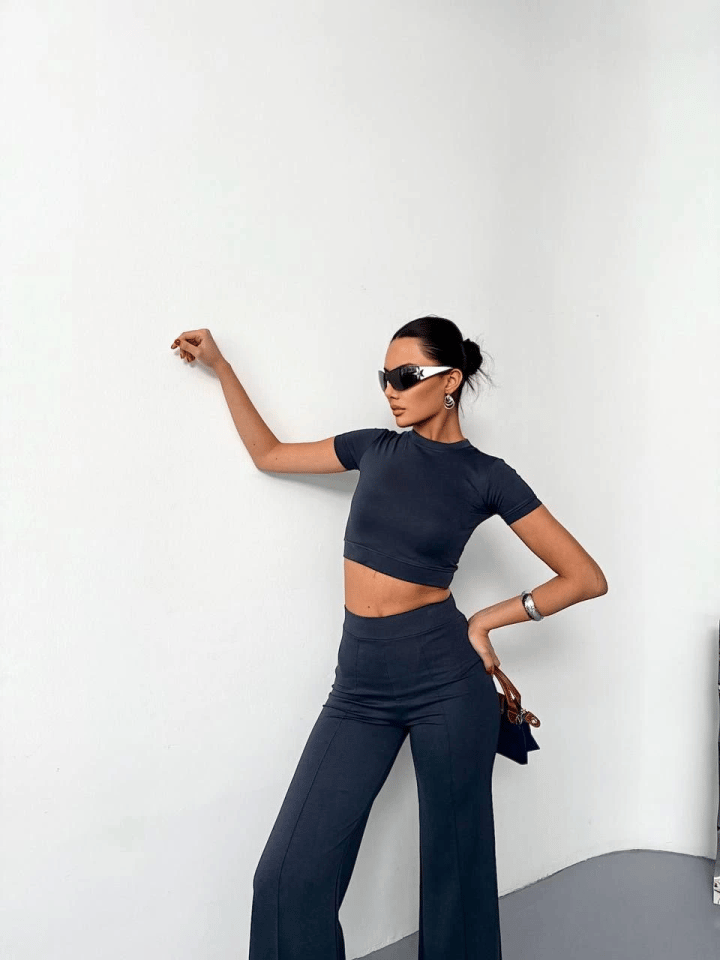 Osy Modal Yumuşak Dokulu Kumaş Kısa Kollu Crop Alt Ispanyol Paça Pantalon Ikili Takım - Füme
