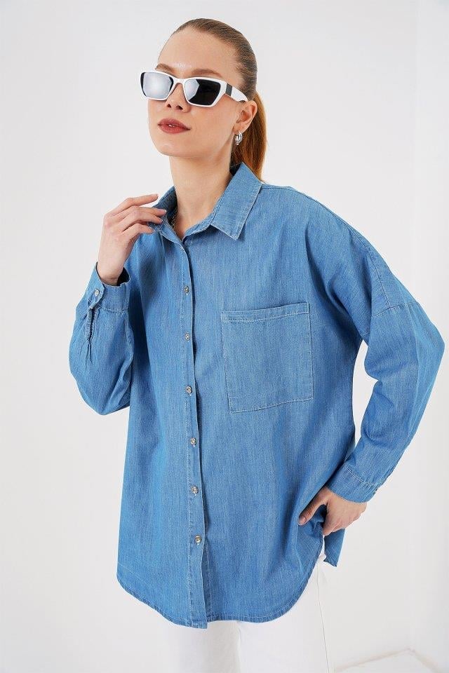 Oversize Kot Gömlek 20280 - Mavi