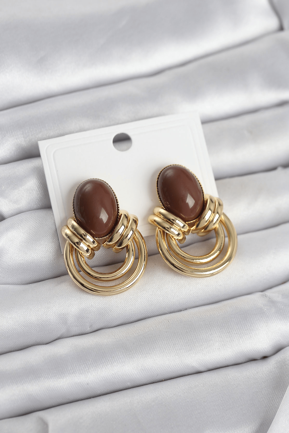 Pirinç Gold Renk Kahverengi Taşlı Vintage Kadın Küpe