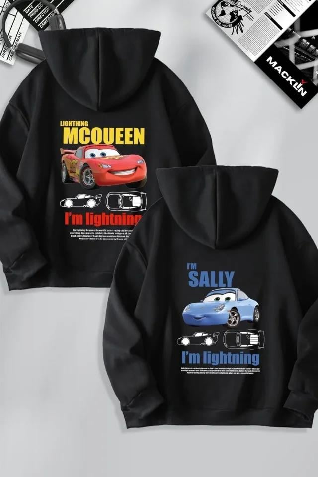 Sevgililer Günü Özel Kapüşonlu Araba Baskılı Oversize Sweatshirt - Siyah