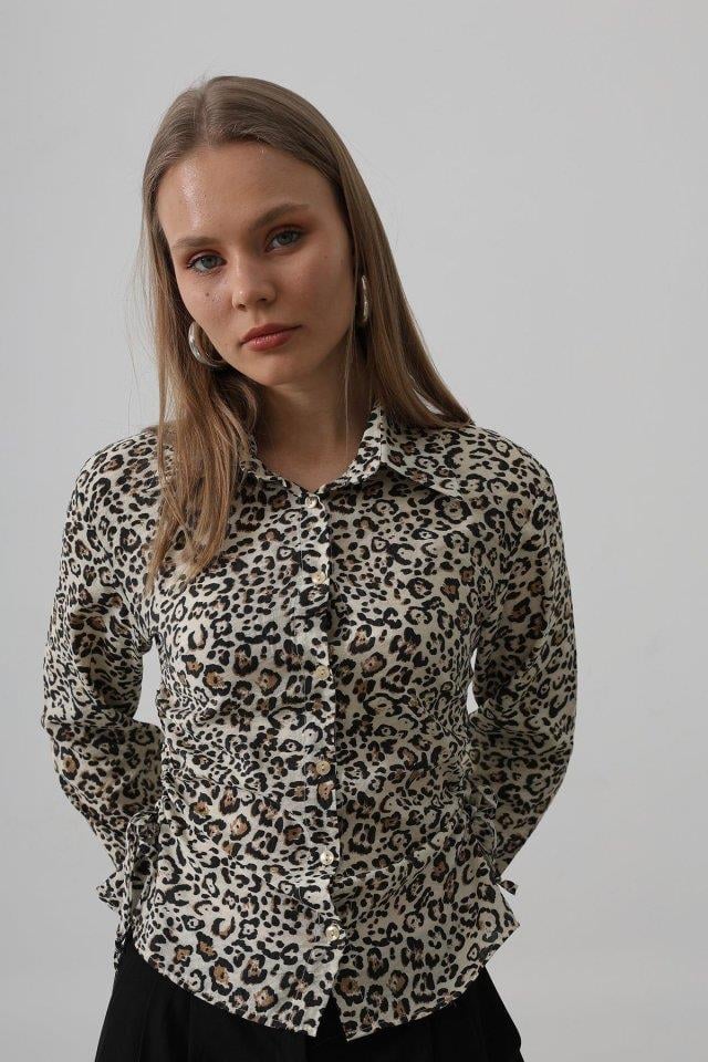 Yanları Büzgülü Leopar Gömlek - Leopar