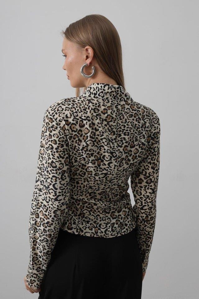 Yanları Büzgülü Leopar Gömlek - Leopar