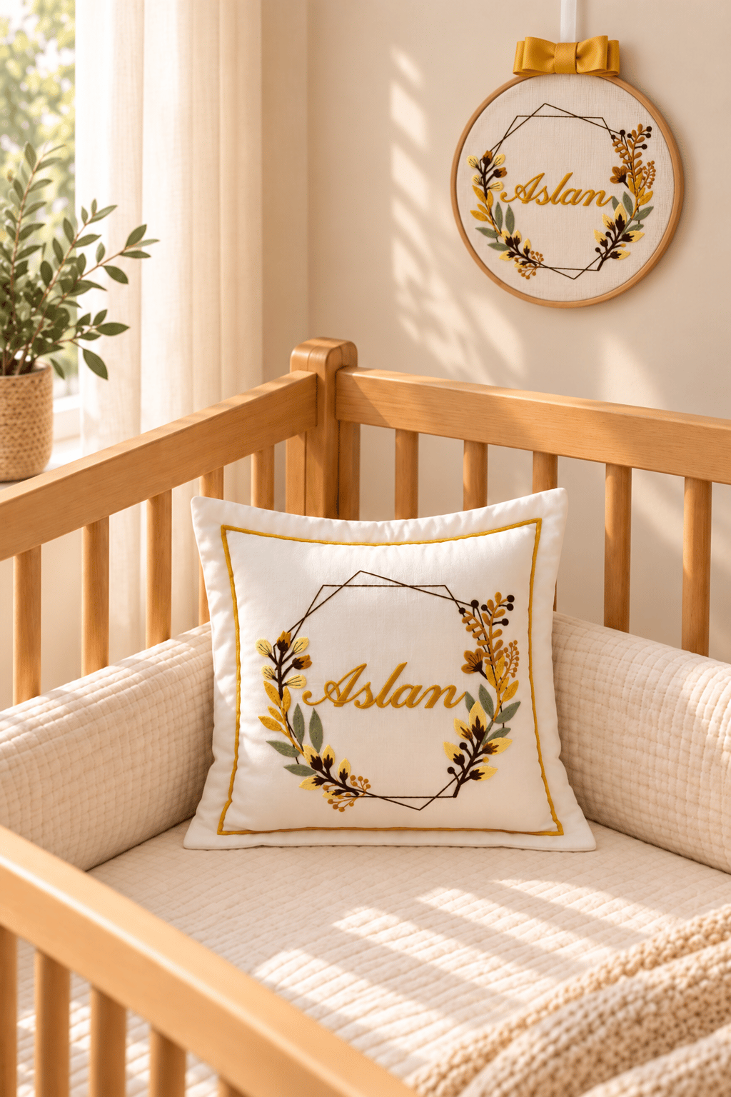 Kişiye Özel Botanik Nakışlı Pamuk Saten Doğum ve Takı Yastığı 35×35 cm