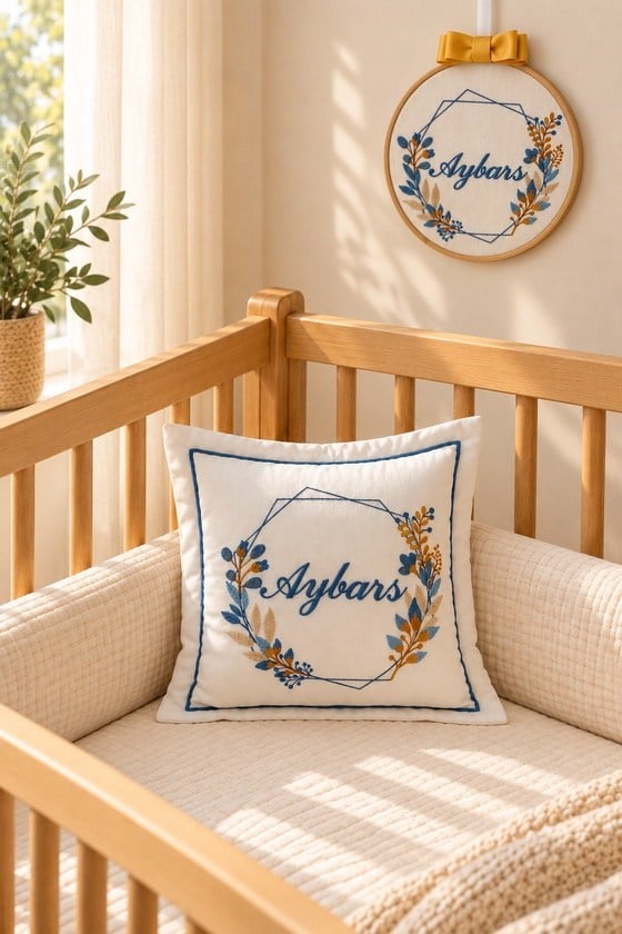 Kişiye Özel Botanik Nakışlı Pamuk Saten Doğum ve Takı Yastığı 35×35 cm