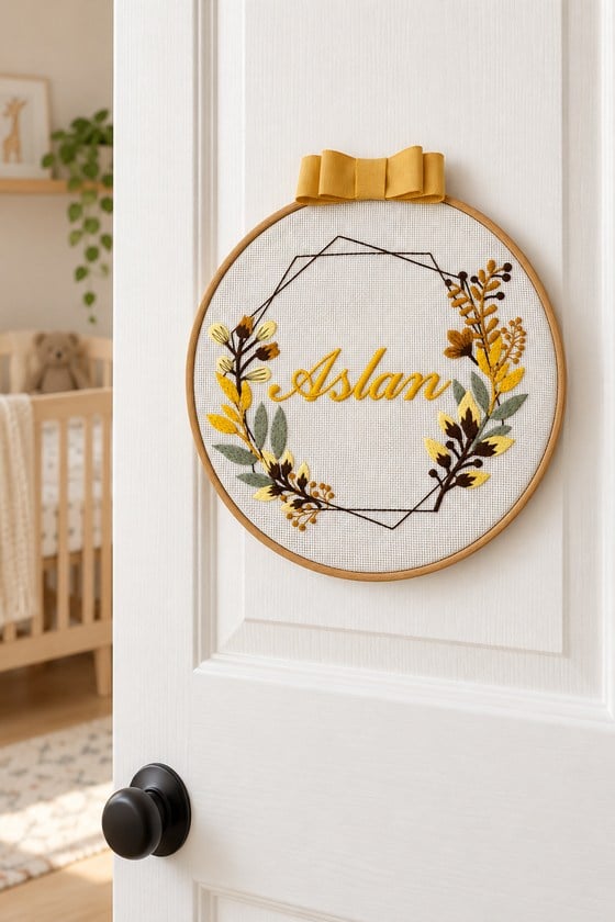 Kişiye Özel İsim Nakışlı Botanik Kasnak Kapı Süsü – 26 cm
