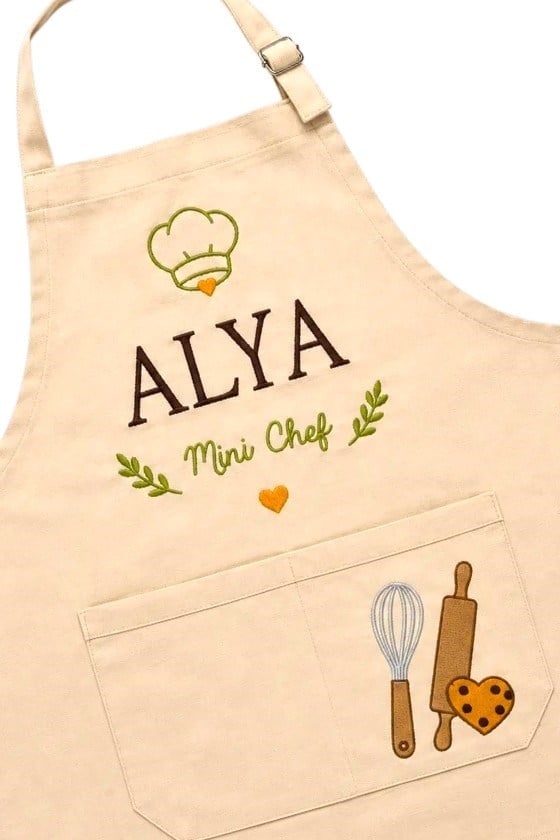 Kişiye Özel Nakışlı Çocuk Mutfak Önlüğü | Mini Chef İsimli %100 Pamuk Kanvas Önlük