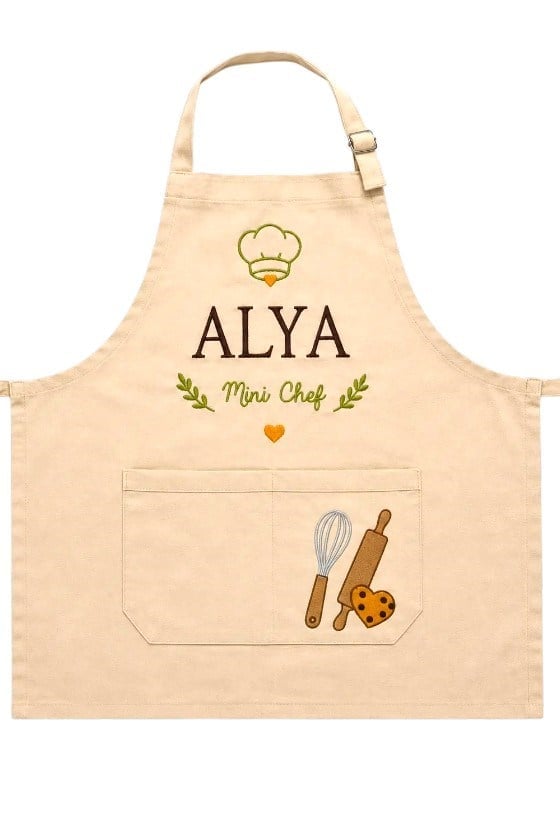 Kişiye Özel Nakışlı Çocuk Mutfak Önlüğü | Mini Chef İsimli %100 Pamuk Kanvas Önlük